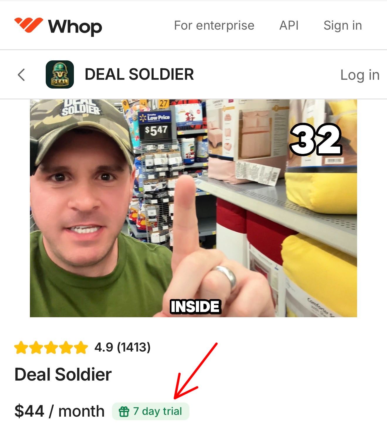 Deal Soldier listing showing a 4.9 star rating and a 7 day free trial