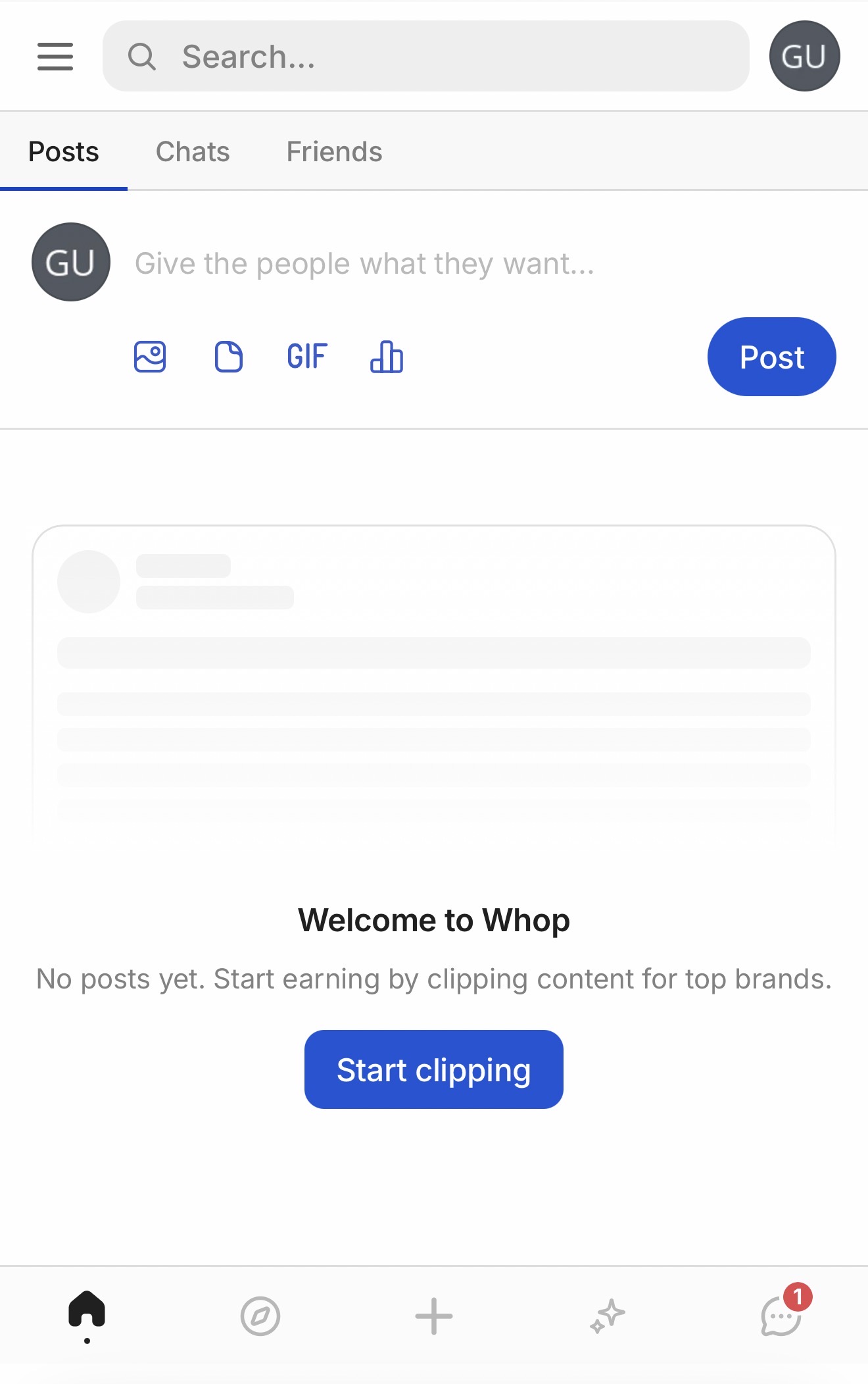 Whop home screen after logging in