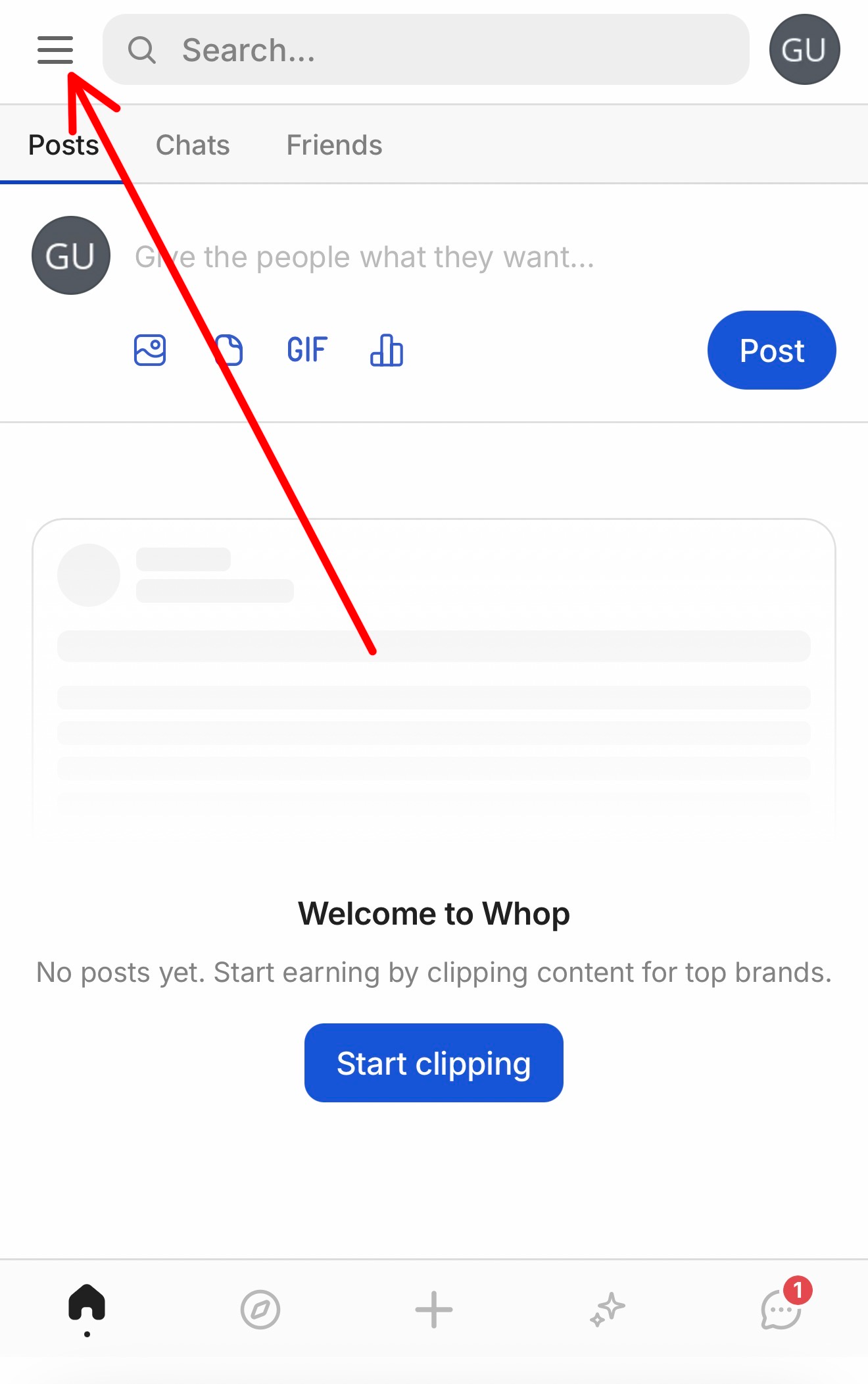 Whop home screen with arrow pointing to the three-line menu icon in the top left