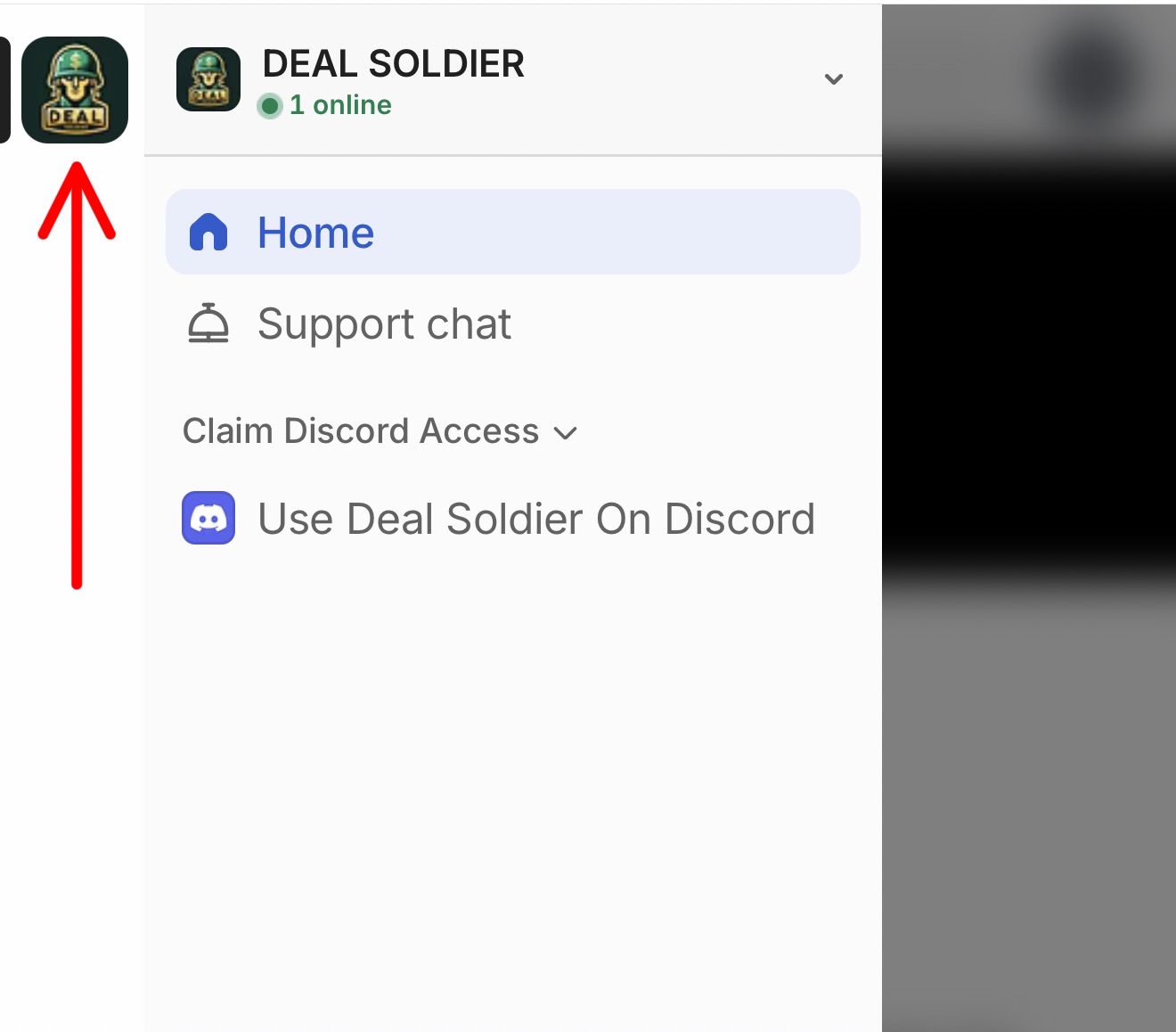 Whop sidebar with the Deal Soldier logo highlighted by a red arrow