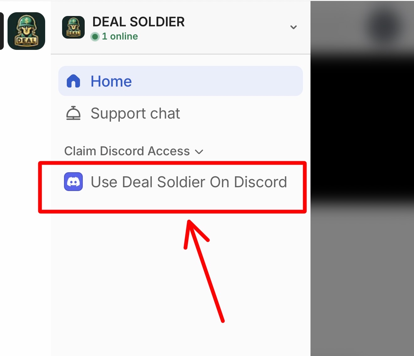 Whop sidebar with Use Deal Soldier on Discord highlighted in red
