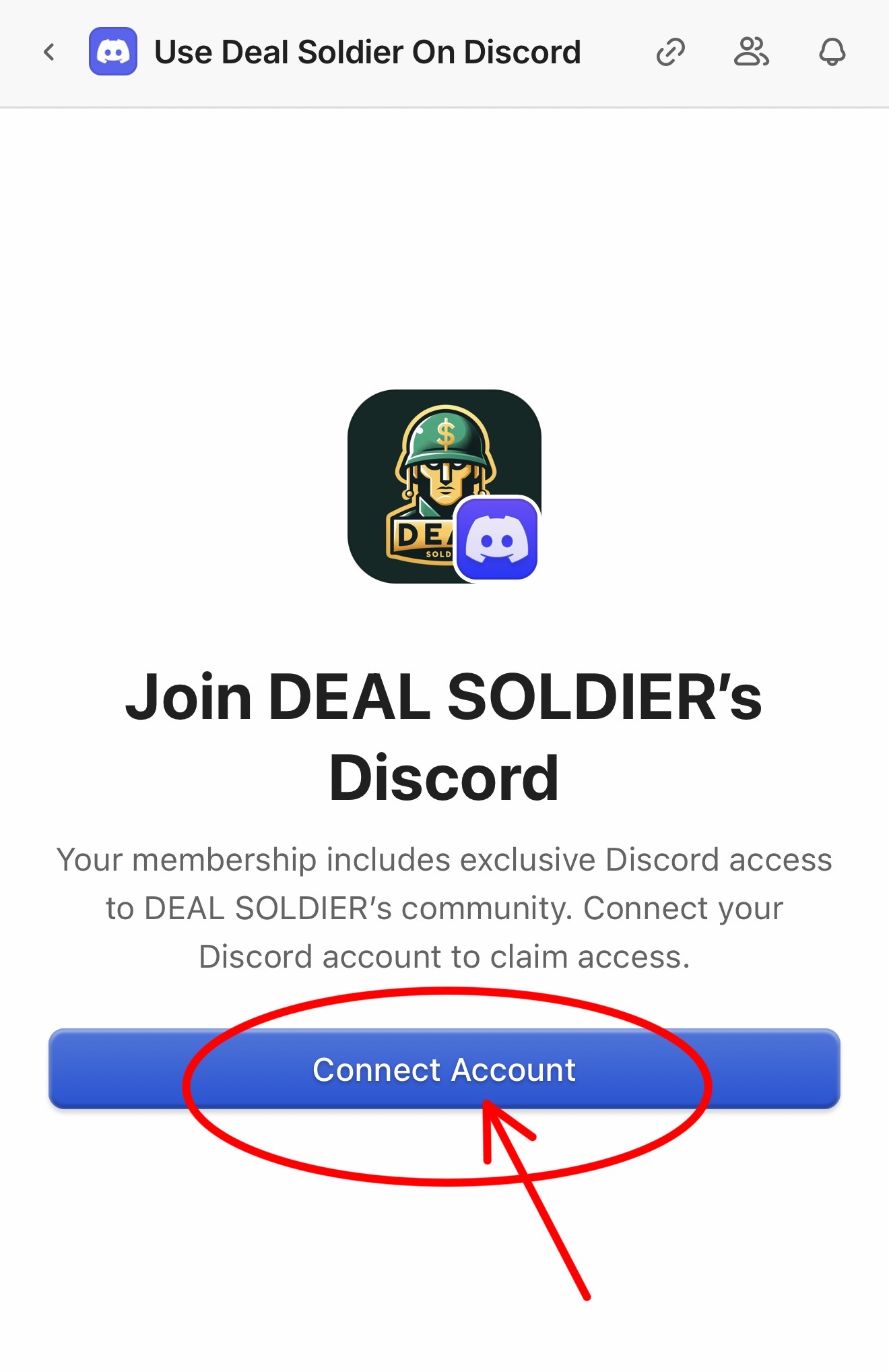 Join Deal Soldier's Discord screen with Connect Account button highlighted