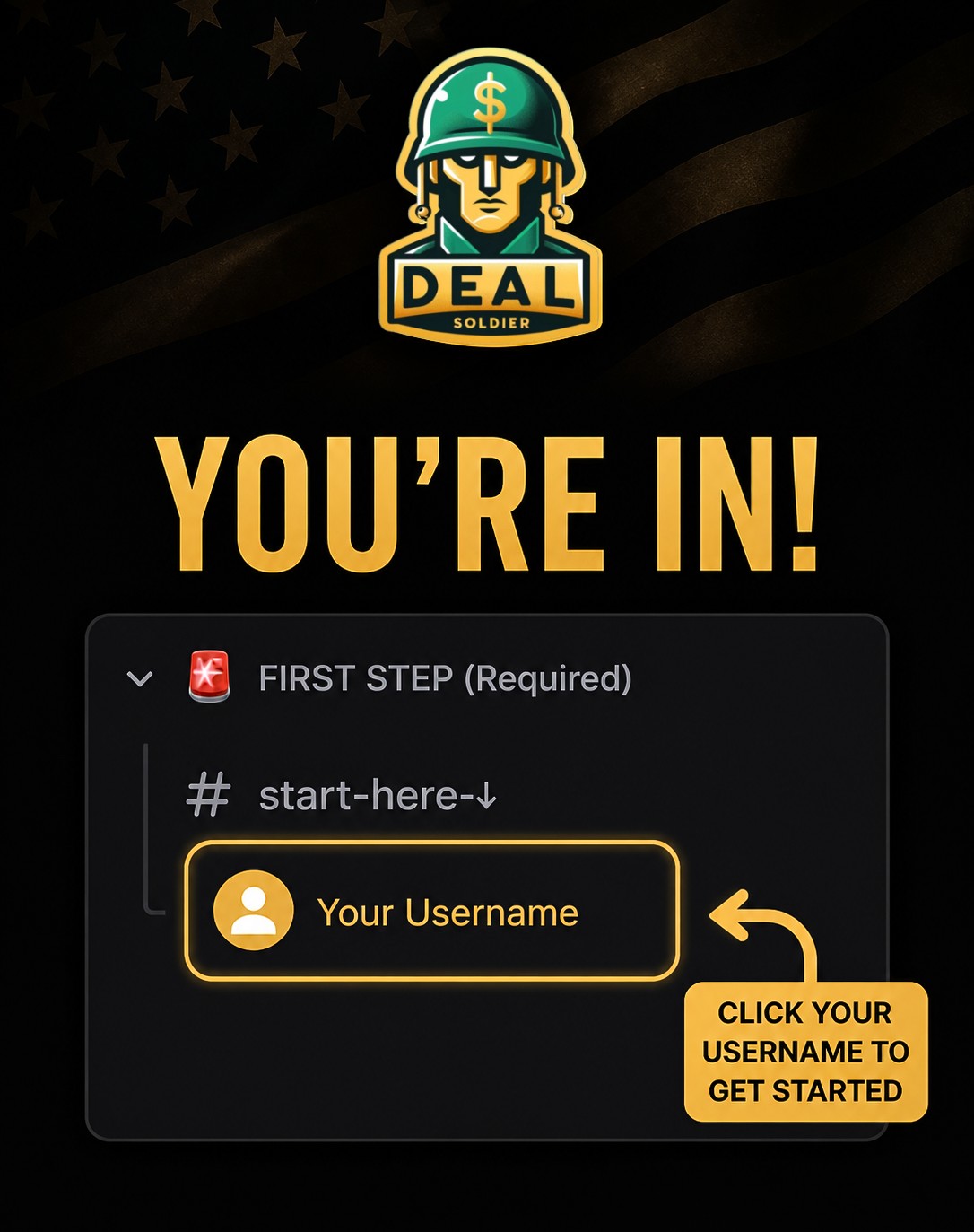 Deal Soldier Discord start-here channel showing where to click your username to get started