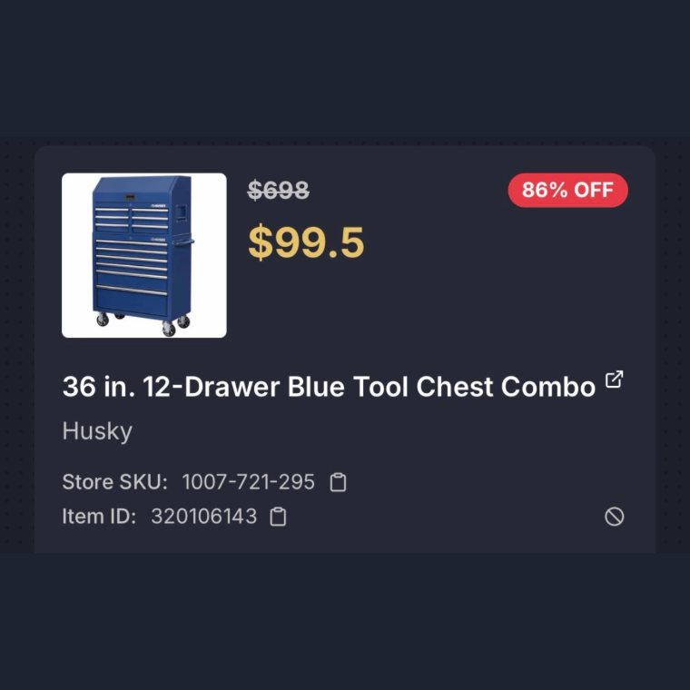 Home Depot app showing a Husky 36 in. 12-drawer blue tool chest combo at $99.50, down from $698, 86 percent off.