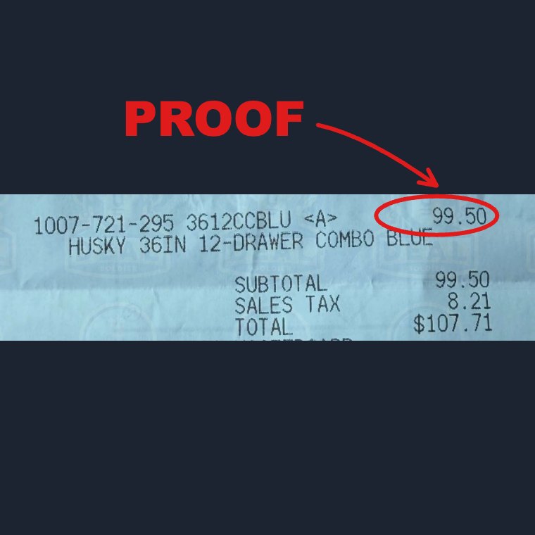 Home Depot register receipt reading 1007-721-295 Husky 36IN 12-drawer combo blue, with the $99.50 line price circled in red and an arrow labelled PROOF pointing down to it.