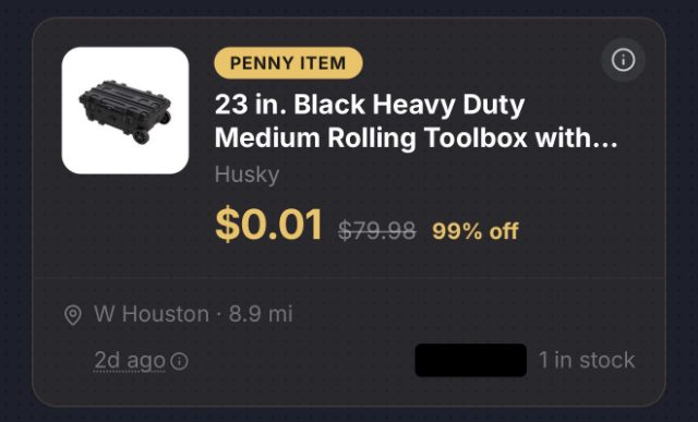 Penny list card tagged PENNY ITEM for a Husky 23 inch heavy duty medium rolling toolbox, retail $79.98, now $0.01, one in stock at a store 8.9 miles away.