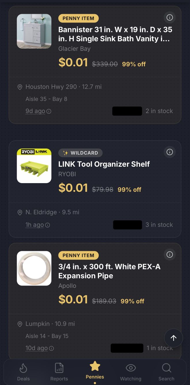 Penny list inside Deal Soldier showing three items at $0.01 with retail struck through: a Glacier Bay Bannister single sink bath vanity from $339.00, a RYOBI LINK tool organizer shelf from $79.98, and an Apollo 300 foot PEX-A expansion pipe from $189.03, each with store name, distance, aisle and bay.