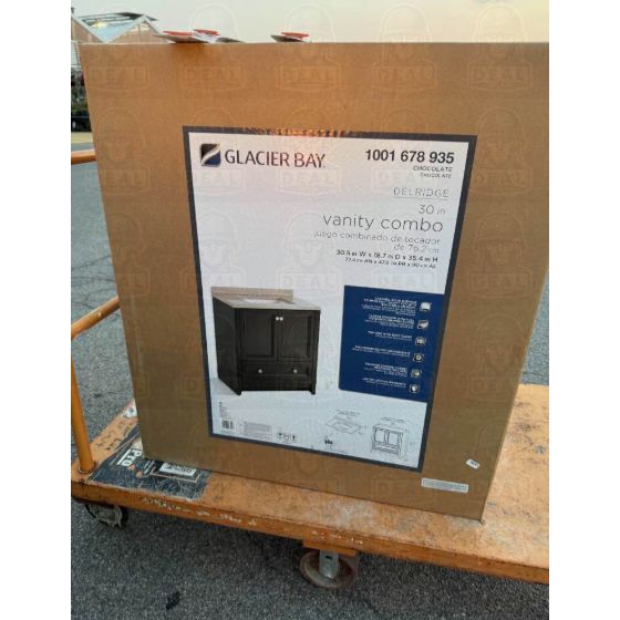 Boxed Glacier Bay Delridge 30 inch vanity combo in Chocolate, item number 1001 678 935, on a Home Depot flat cart.