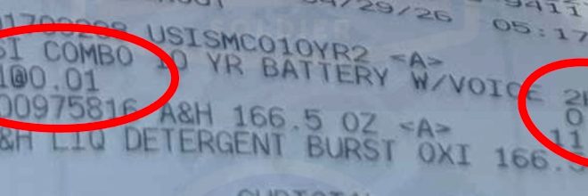 Home Depot receipt line reading USI COMBO 10 YR BATTERY W/VOICE 2PK, 21 at $0.01 each, totalling $0.21.