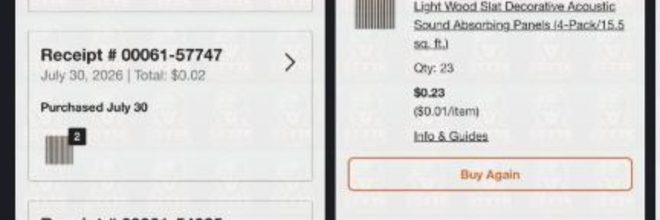 Deal Soldier post from Ph081316 dated July 30 2026 showing MSI Harmony Fog slat panels at $0.01 per item with two Home Depot receipts totalling $0.02 and $0.09.