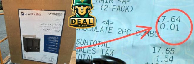 Home Depot receipt with the Delridge chocolate 2-piece combo line circled in red at $0.01.