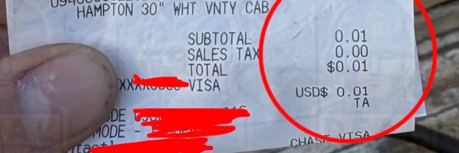 Home Depot receipt showing Hampton 30 inch white vanity cabinet at $0.01 with a total of $0.01.
