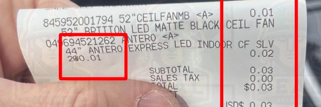 Home Depot receipt showing a 52 inch Britton ceiling fan and two 44 inch Antero ceiling fans at $0.01 each, total $0.03.