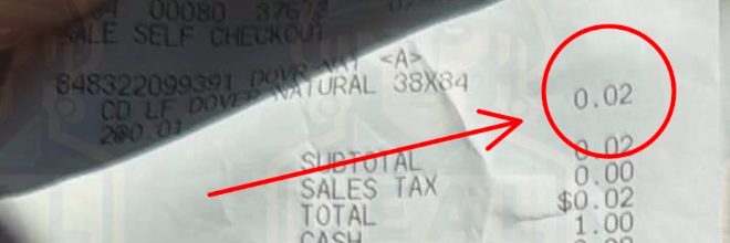 Home Depot self checkout receipt showing DOVER NATURAL 38X84 at 2 for $0.01 each with a total of $0.02.