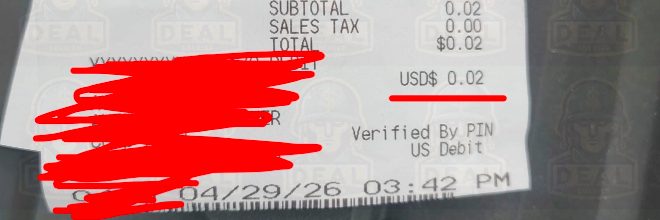 Home Depot receipt showing two Husky rolling toolboxes at $0.01 each with a total of $0.02.
