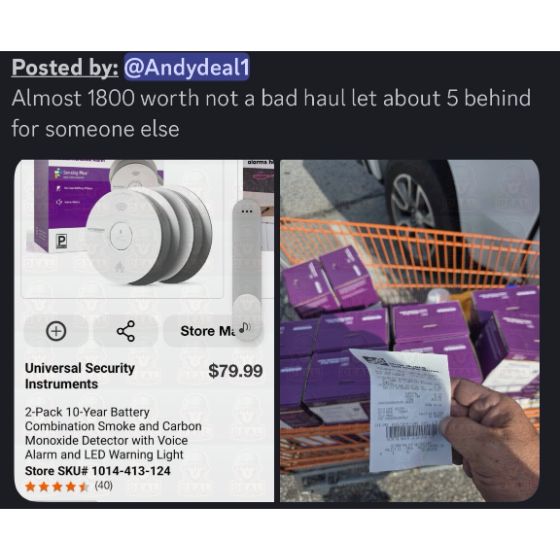 Home Depot app showing Universal Security Instruments combination smoke and carbon monoxide detector 2-packs at $79.99 retail beside a Home Depot cart loaded with 21 of them.