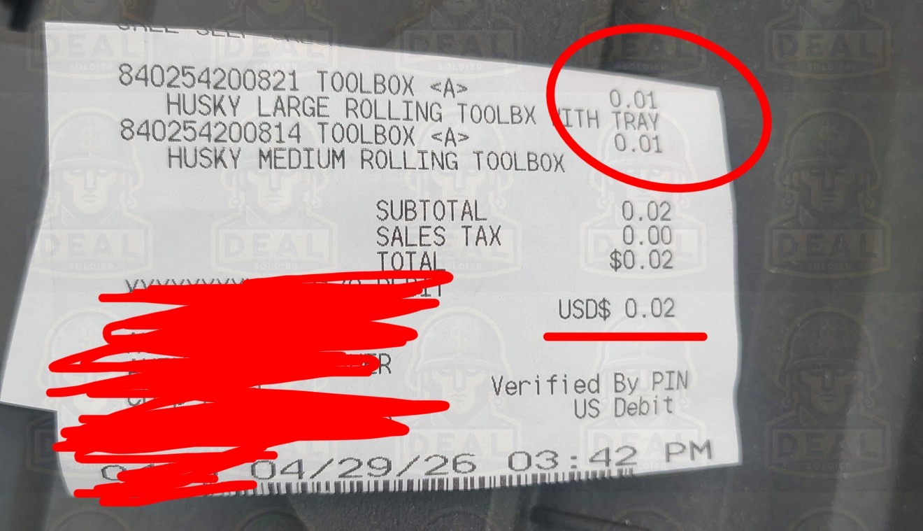 Close-up of Alfredo's Home Depot receipt showing SKU 840254200821 Husky Large Rolling Toolbox with Tray at $0.01 and SKU 840254200814 Husky Medium Rolling Toolbox at $0.01, with subtotal $0.02, sales tax $0.00, total $0.02, dated April 29, 2026 at 3:42 PM, paid by US Debit and verified by PIN.