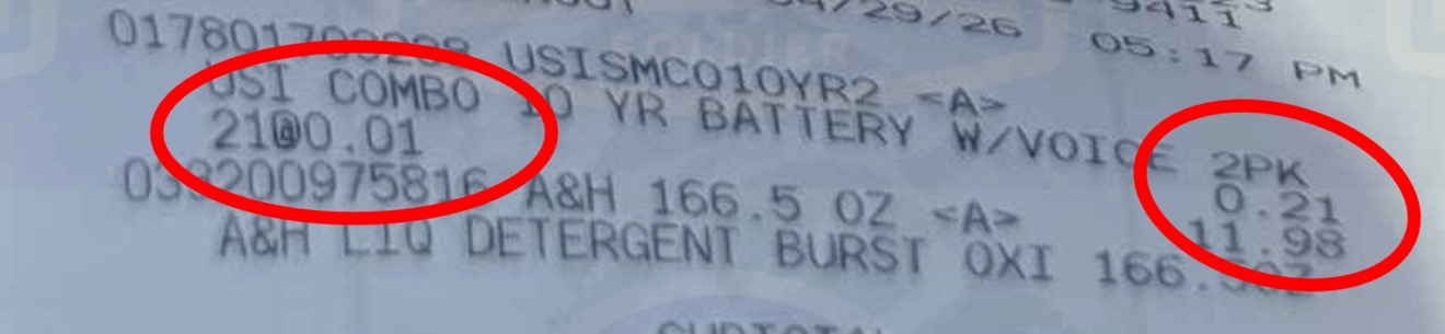 Close-up of Andydeal1's Home Depot receipt showing line item USI COMBO 10 YR BATTERY W/VOICE 2PK with quantity 21 at $0.01 each totaling $0.21, dated April 29, 2026 at 5:17 PM.