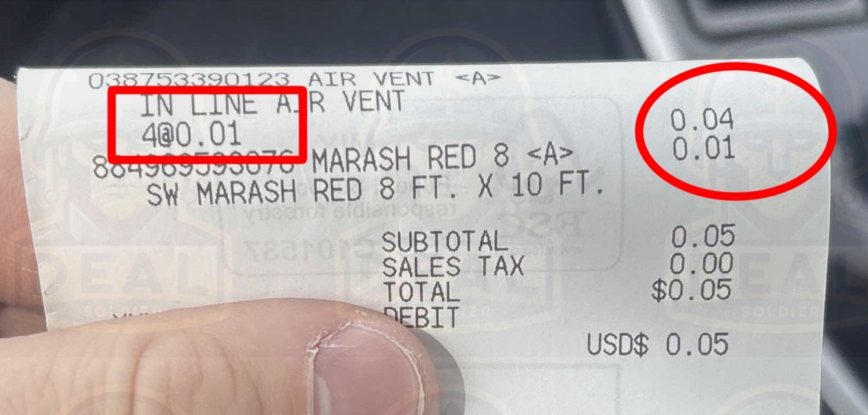 Close-up of Tylernap's Home Depot receipt showing 4 In-Line Air Vents at $0.01 each totaling $0.04, plus a Marash Red 8 foot by 10 foot rug at $0.01, with subtotal $0.05 and total $0.05, dated April 29, 2026 at 10:40 AM.