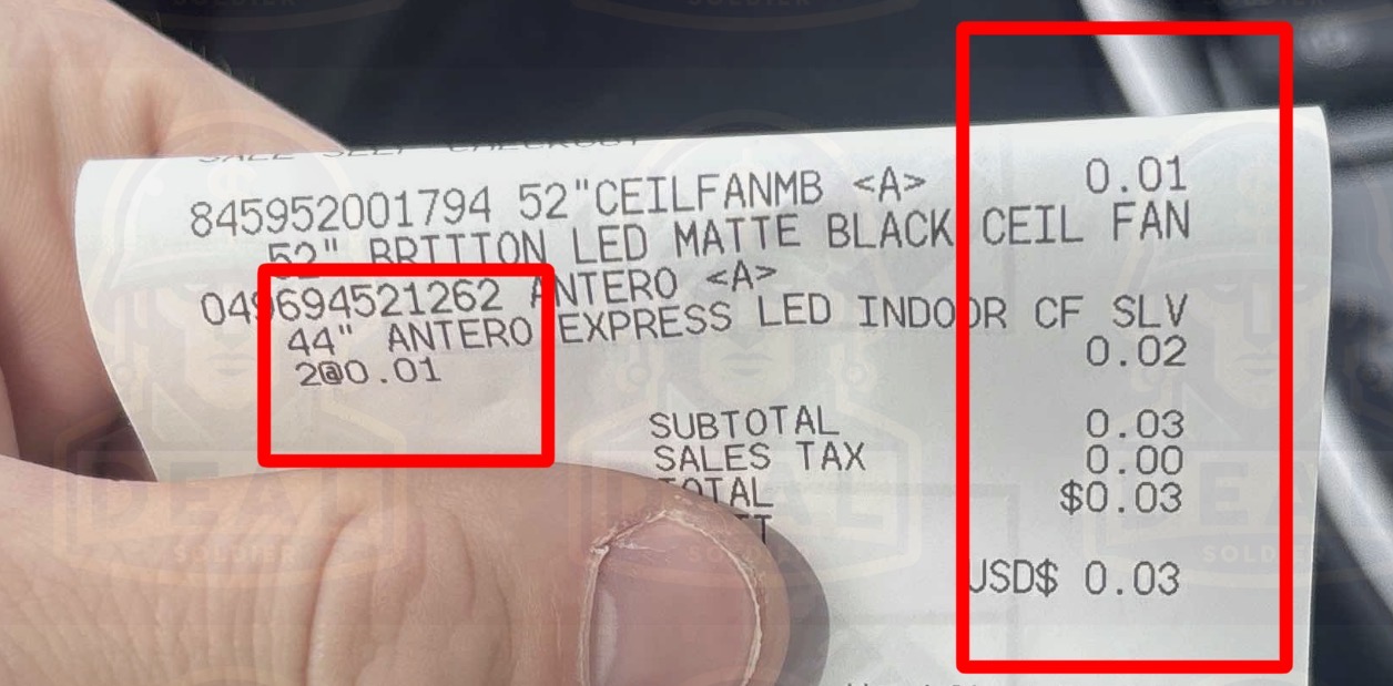Close-up of Tylernap's Home Depot receipt showing a 52 inch Britton LED Matte Black Ceiling Fan at $0.01 and two 44 inch Antero Express LED Indoor Ceiling Fans at $0.01 each, with subtotal $0.03 and total $0.03, dated April 29, 2026 at 9:23 AM.