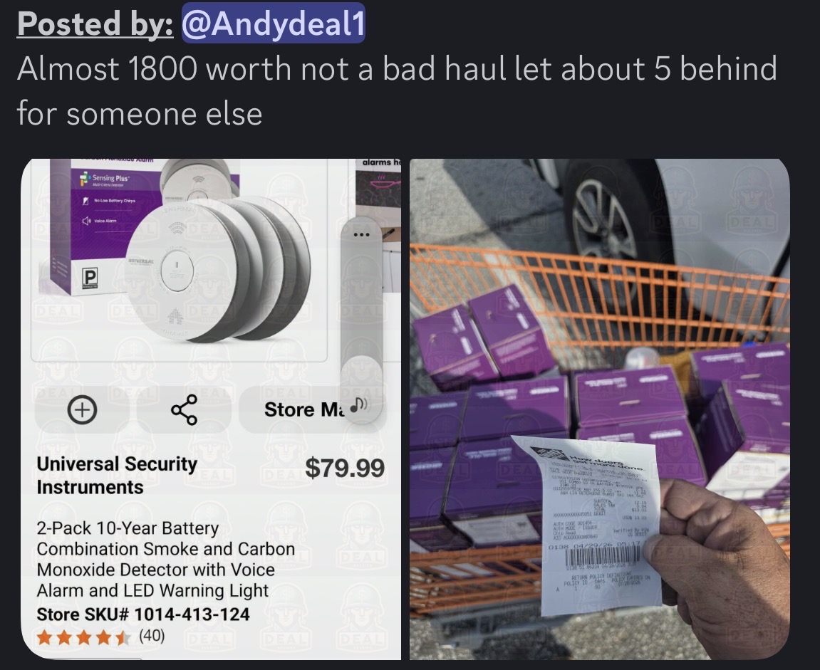 Andydeal1's full Discord post showing the Home Depot app screenshot at $79.99 retail per 2-pack on the left and his Home Depot orange shopping cart full of 21 purple Universal Security Instruments combination smoke and CO detector 2-packs in the parking lot on the right.