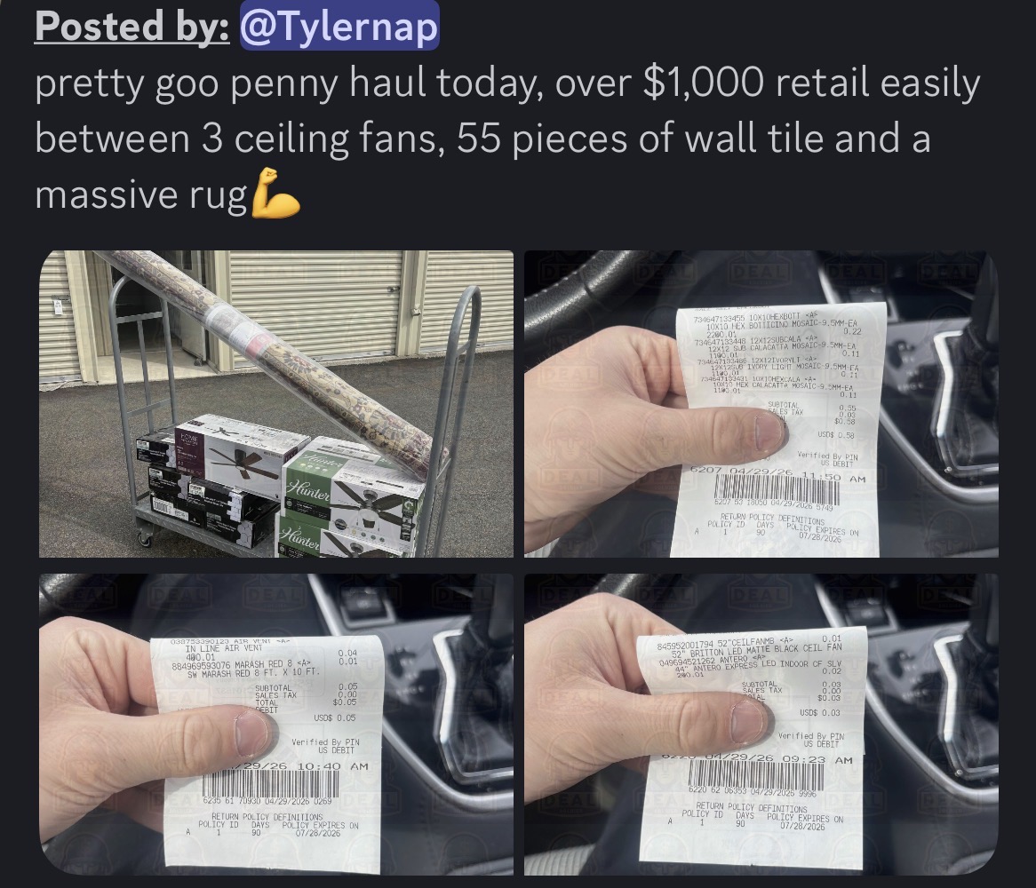 Tylernap Discord post in the Deal Soldier success channel showing a four-part image collage: the cart with rug and ceiling fans, plus three receipt close-ups for the tile, air vent, and ceiling fan transactions.