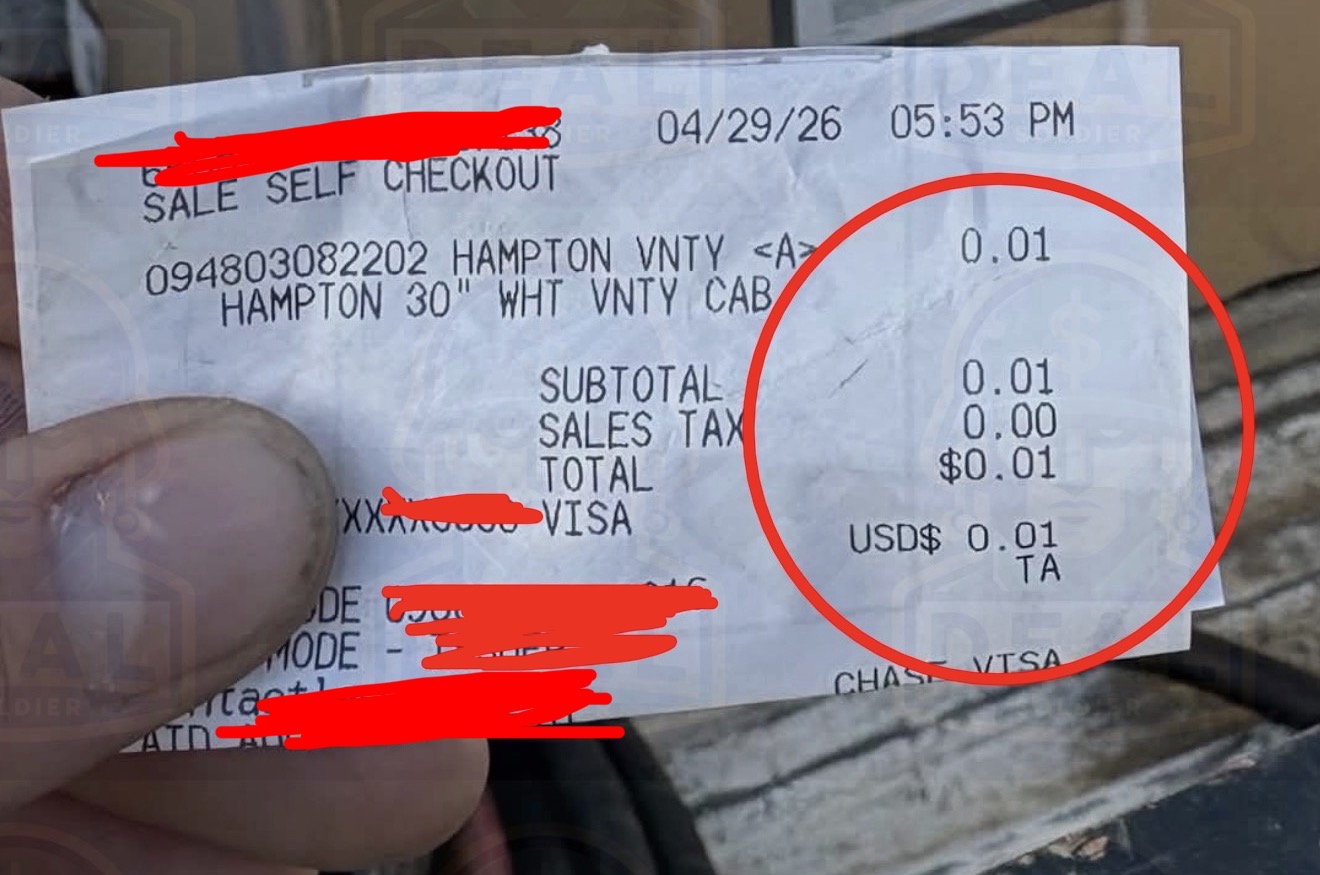 Close-up of TokenJack's Home Depot receipt showing line item Hampton 30 inch White Vanity Cabinet at $0.01, subtotal $0.01, total $0.01, dated April 29, 2026 at 5:53 PM, paid with Visa.