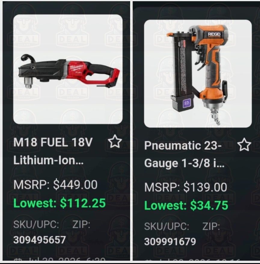 Two Deal Soldier app cards side by side. A Milwaukee M18 FUEL 18V lithium-ion right angle drill showing MSRP $449.00 and lowest price $112.25, and a pneumatic 23 gauge pin nailer showing MSRP $139.00 and lowest price $34.75, each with SKU and ZIP code search fields.