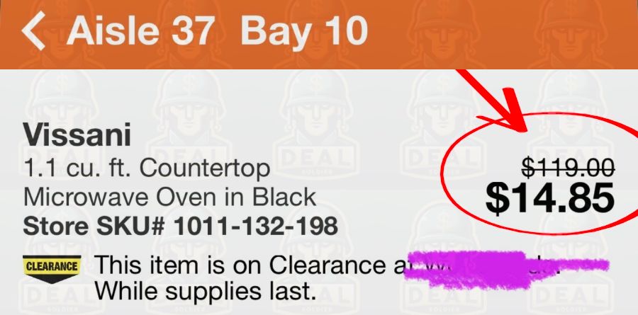 Home Depot app screen for a Vissani 1.1 cu. ft. countertop microwave oven in black, header reading Aisle 37 Bay 10, original price $119.00 crossed out with the clearance price $14.85 circled in red, Store SKU 1011-132-198, and a yellow CLEARANCE badge reading this item is on clearance while supplies last.