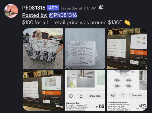 Member community post showing a Home Depot cart stacked with boxed Hampton Bay ceiling fans and recessed lighting kits, receipts, and self checkout screens, captioned by the member as $180 for all with retail around $1,300.