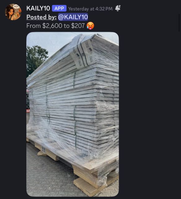 Member community post showing a full shrink wrapped pallet of Corso Italia tile on a Home Depot flatbed, captioned by the member as going from $2,600 to $207.