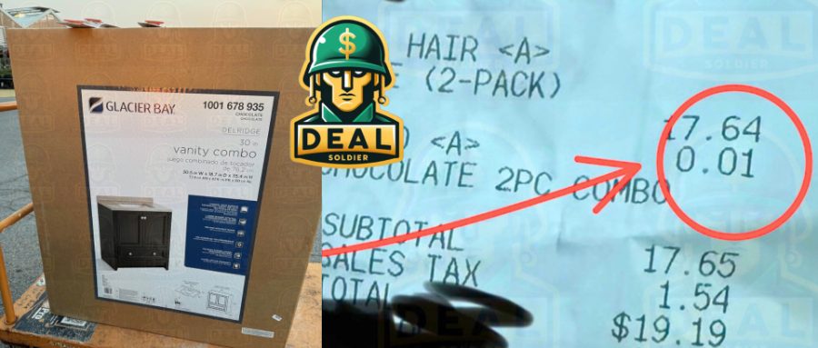 A Glacier Bay Delridge 30 inch chocolate vanity combo still in its box on a Home Depot flat cart, beside a close up of the receipt where the same item rings up at 0.01, circled in red with an arrow pointing to it.
