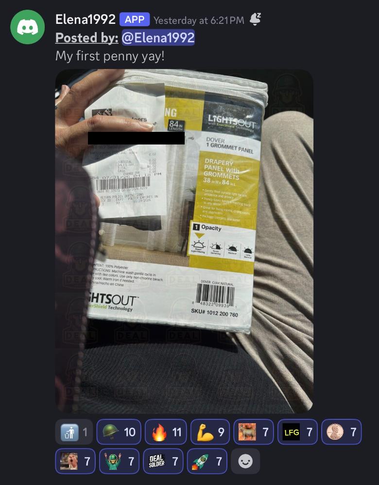 Victory Vault post from member Elena1992 reading My first penny yay, showing a LightsOut Dover grommet drapery panel held next to a Home Depot receipt with a $0.02 total for two items, plus a row of member reactions.