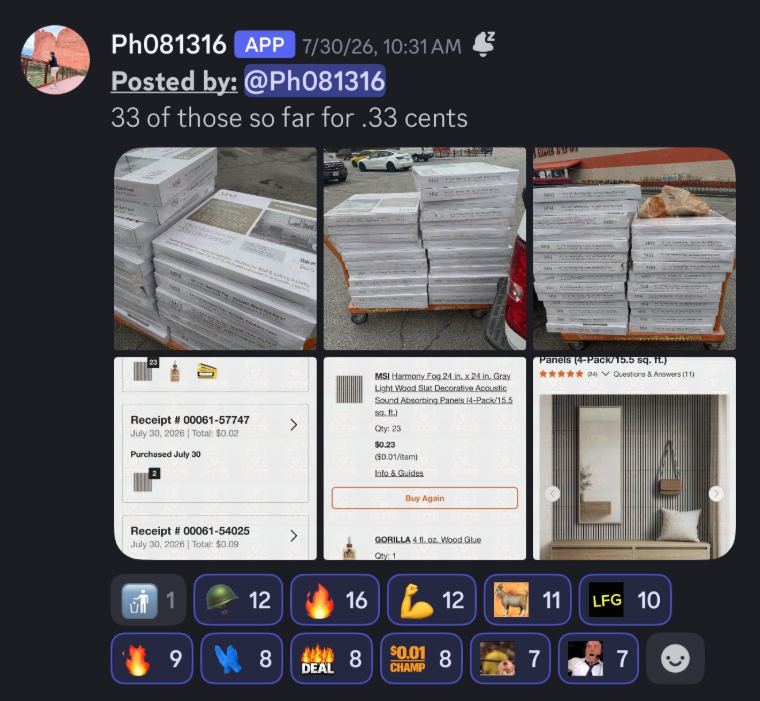 Victory Vault post from member Ph081316 reading 33 of those so far for .33 cents, showing cart photos of stacked MSI Harmony Fog acoustic wood slat panels, two receipts totaling $0.02 and $0.09, and an order screen with 23 panels at $0.01 each.