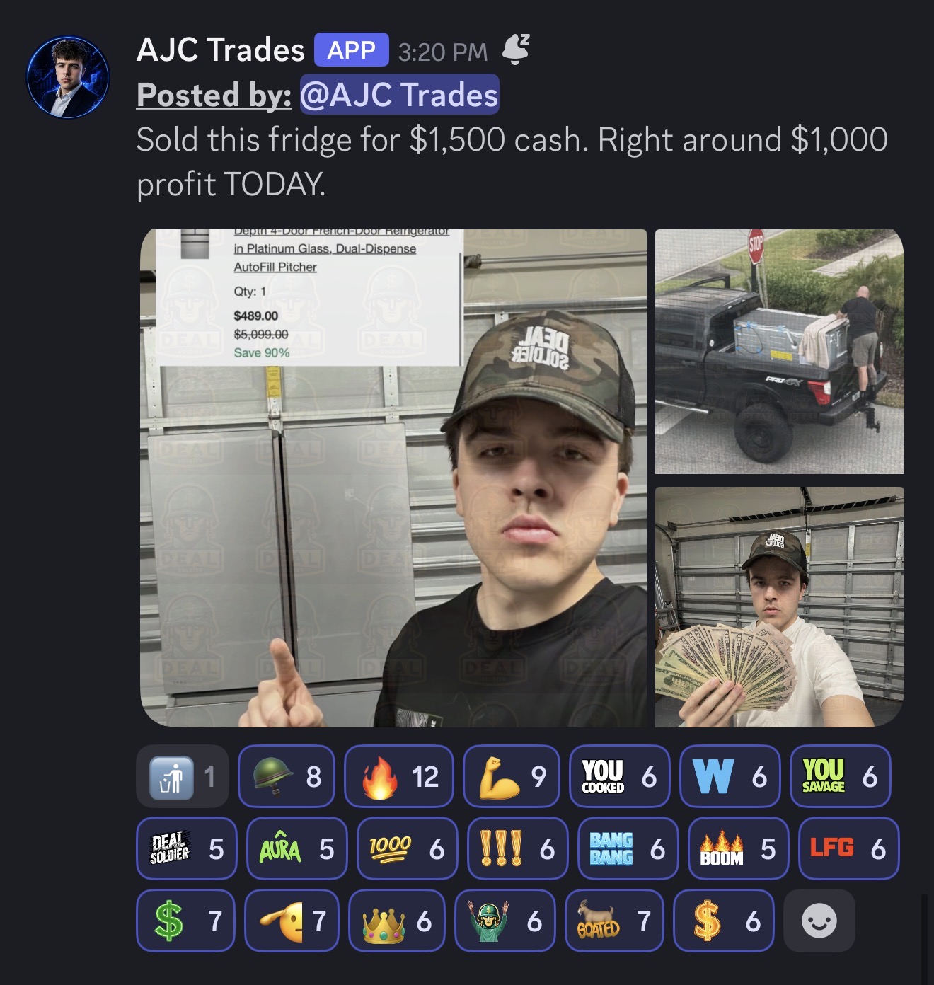 Discord post: sold this fridge for $1,500 cash, $1,000 profit today