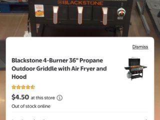 Walmart hidden clearance find: Walmart app showing a Blackstone 4-Burner 36 inch propane griddle at $4.50.