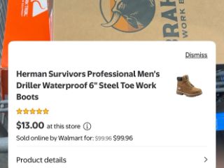 Walmart app showing Herman Survivors Professional waterproof steel toe work boots at $13 in store while Walmart sells them online for $99.96