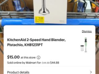 Walmart app showing a KitchenAid 2-Speed Hand Blender in pistachio at $15 in store while Walmart sells it online for $44.88