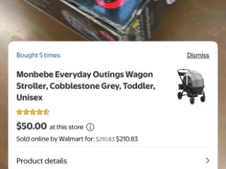 Walmart app showing a Monbebe Everyday Outings wagon stroller in cobblestone grey at $50 in store while Walmart sells it online for $210.83