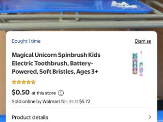 Walmart app showing a Magical Unicorn Spinbrush kids electric toothbrush at 50 cents in store while Walmart sells it online for $5.72