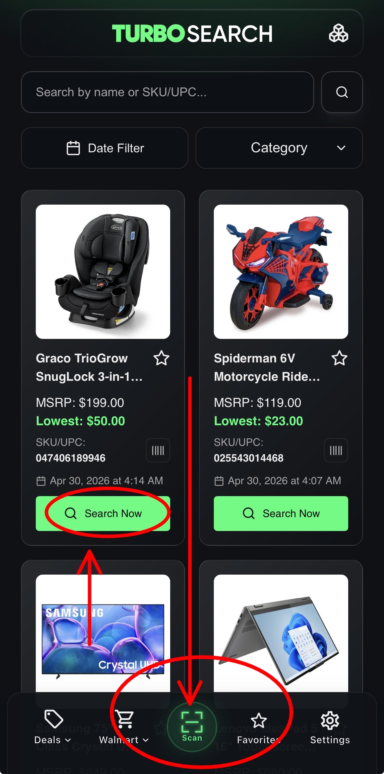 Turbo Search, the Walmart hidden clearance app inside Deal Soldier. Search by name or SKU, scan barcodes in store, and tap any clearance item to see which local Walmarts have it on markdown.