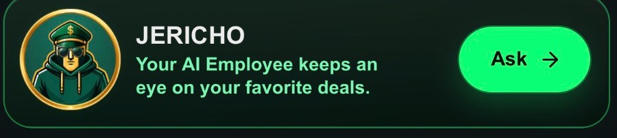 The Jericho panel inside Turbo Search, labelled your AI employee keeps an eye on your favorite deals, with a green Ask button.