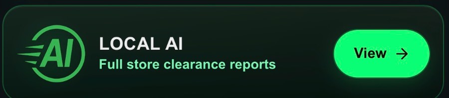 The Local AI panel inside Turbo Search, labelled full store clearance reports, with a green View button.