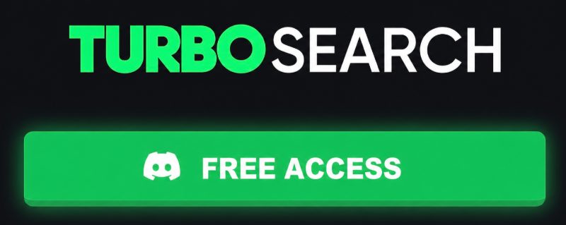 Turbo Search sign in screen with a green Discord button reading Free Access.