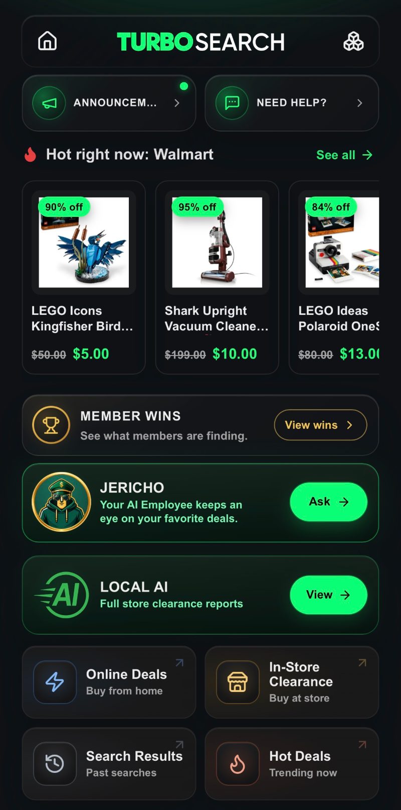 Turbo Search home screen showing hot Walmart deals at 90 and 95 percent off, member wins, the Jericho AI employee panel, and the Local AI full store clearance reports panel.