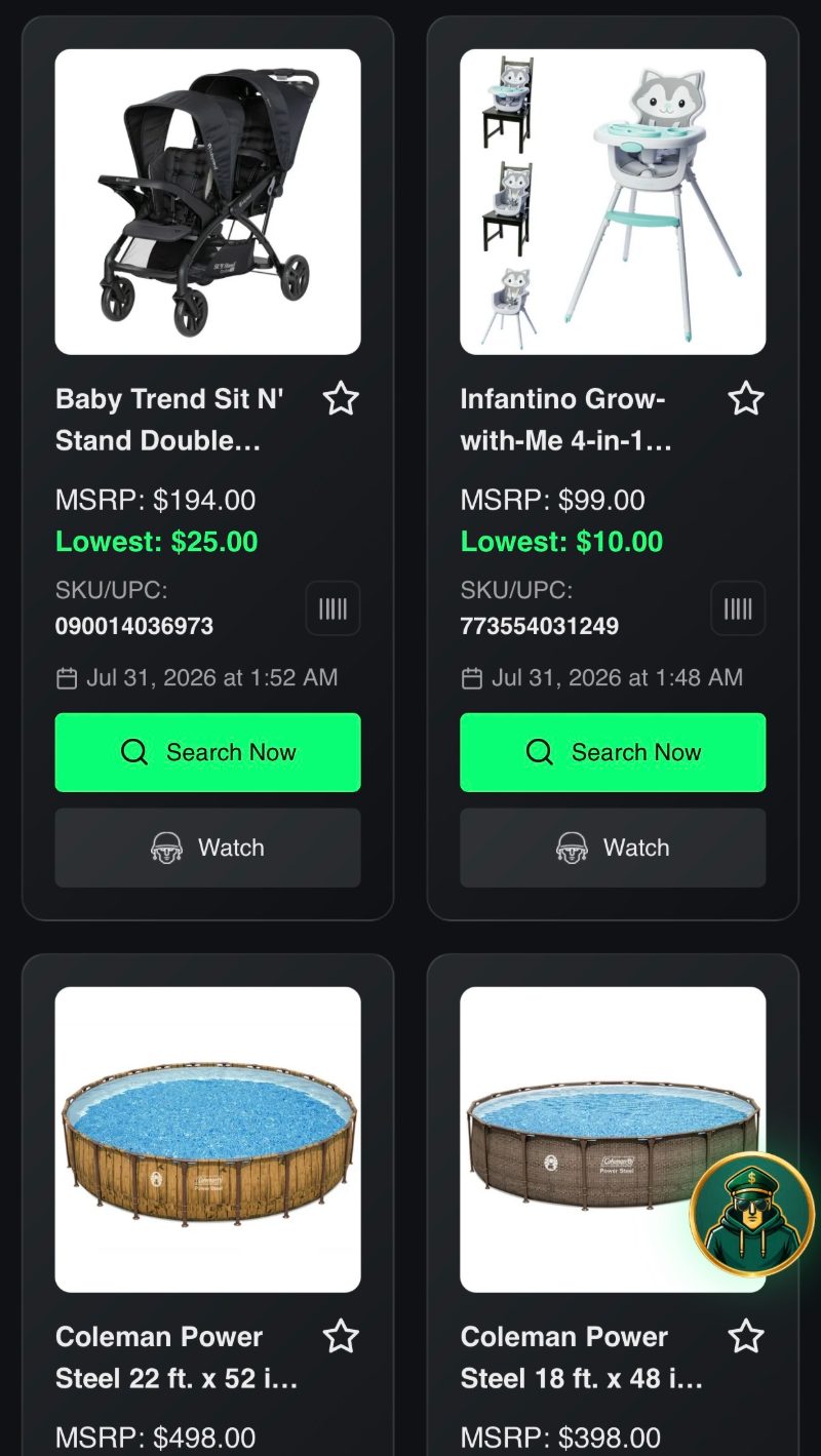 Turbo Search deal list showing a Baby Trend double stroller at a lowest price of $25 against a $194 list price, an Infantino high chair at $10 against $99, and two Coleman Power Steel pools at $135 and $100 against $498 and $398.