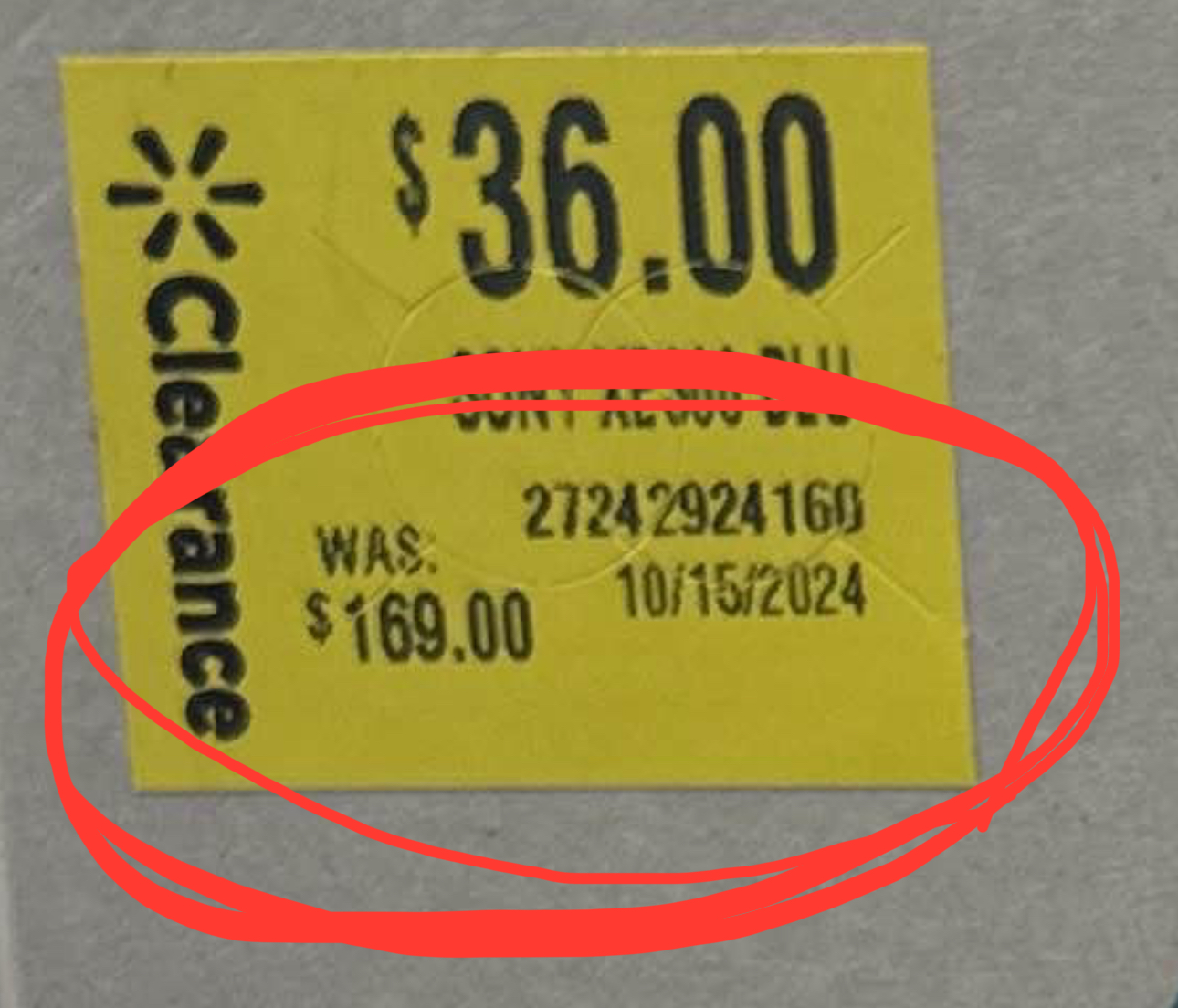 Yellow clearance sticker showing $36 marked down from $169 at Walmart, found by a Deal Soldier member.
