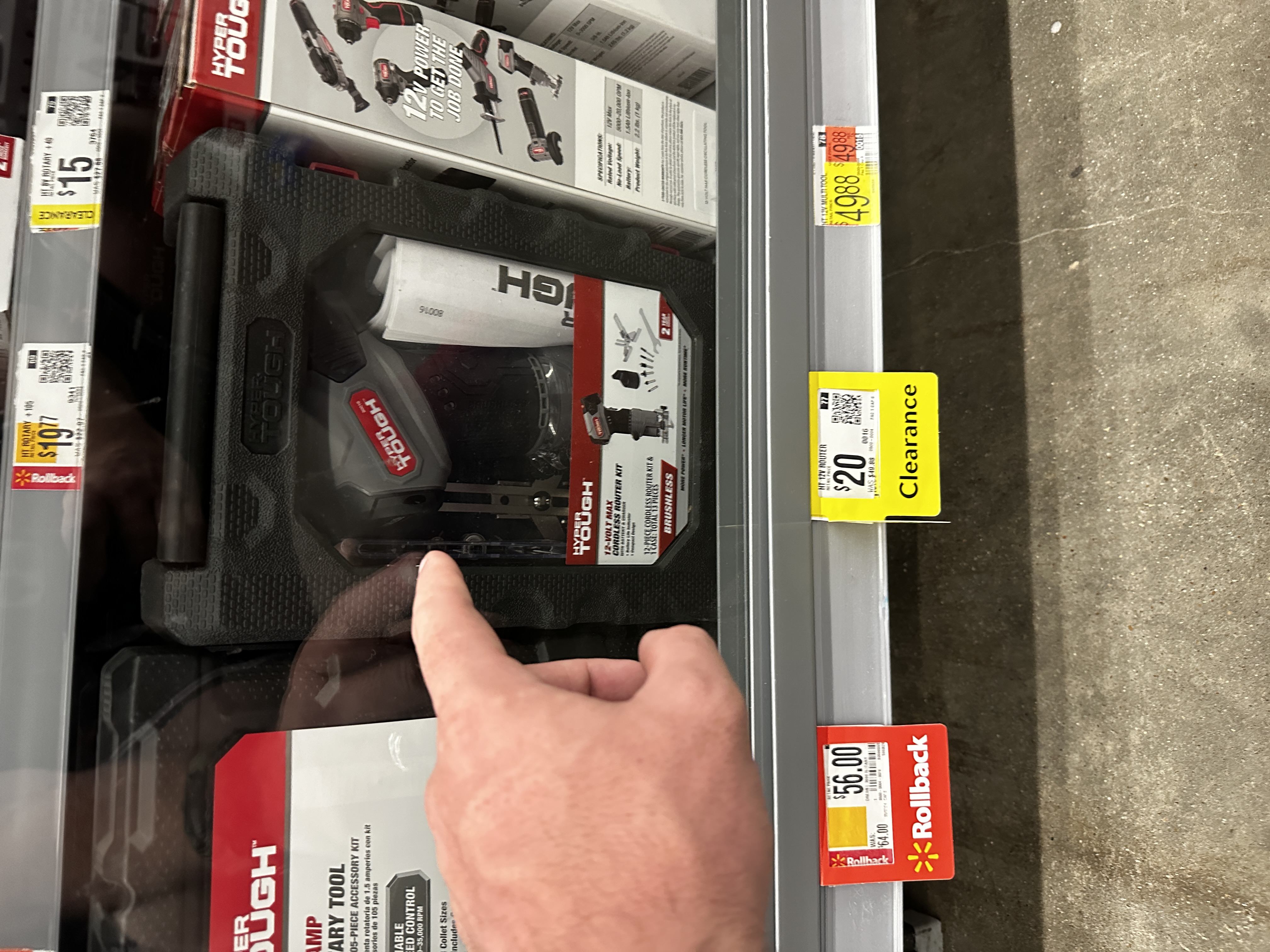 Hyper Tough cordless router kit with a yellow clearance tag at Walmart.