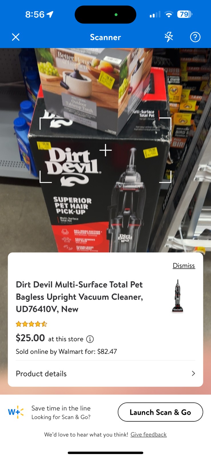 Walmart app scanner showing a Dirt Devil vacuum at $25 in store while online price is $82.47.