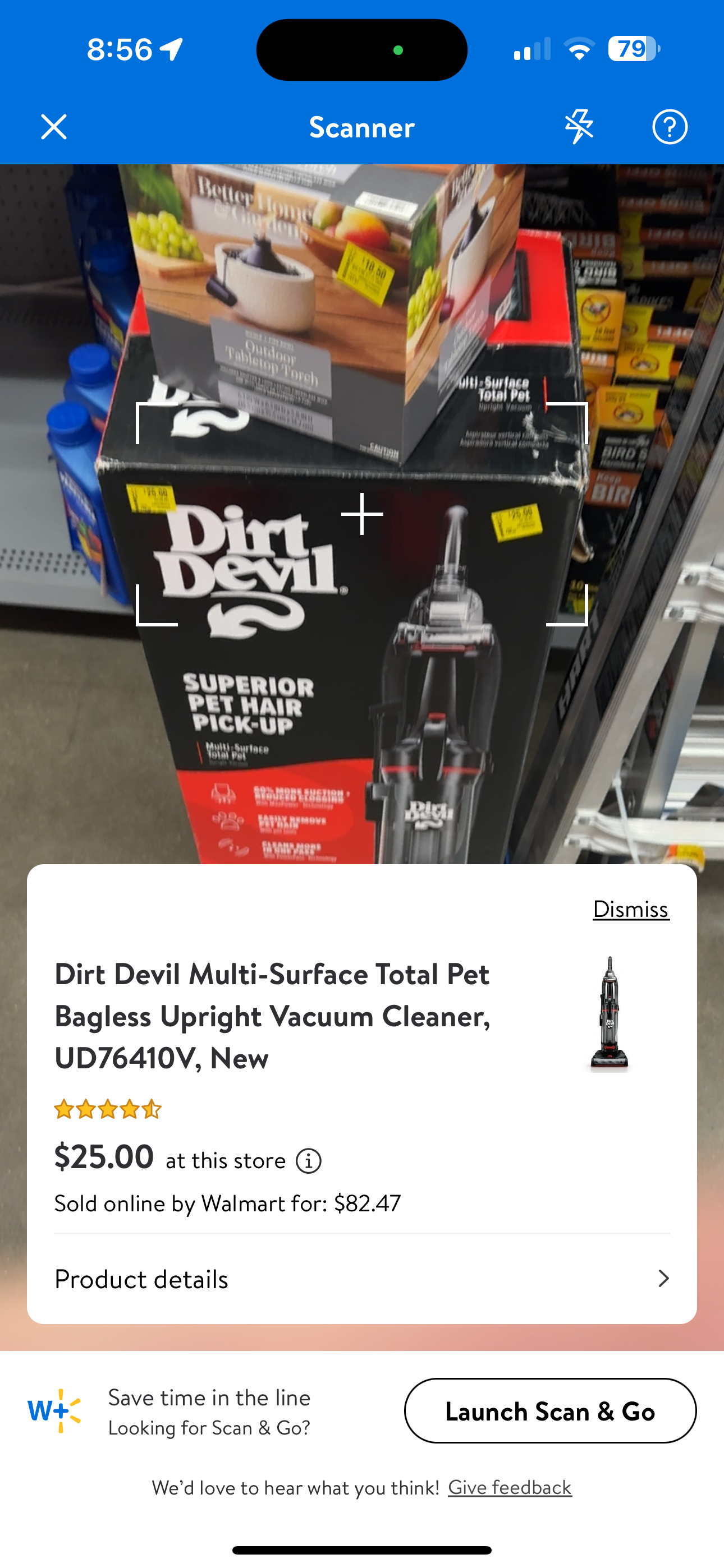 Walmart app scanner showing a Dirt Devil vacuum at $25 in store while online price is $82.47.